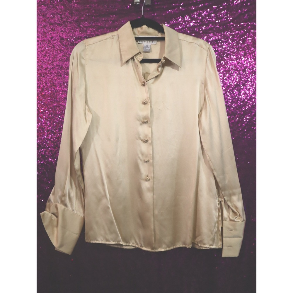Champagne Silk Blouse 4P Talbots Women Long Sleeve Knot Button French Cuff